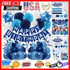 Navy Blue Birthday Decorations, Happy Birthday Banner with Paper Pompoms, Han...