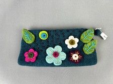 Teal Felted Wool Floral Zipper Bag NEW