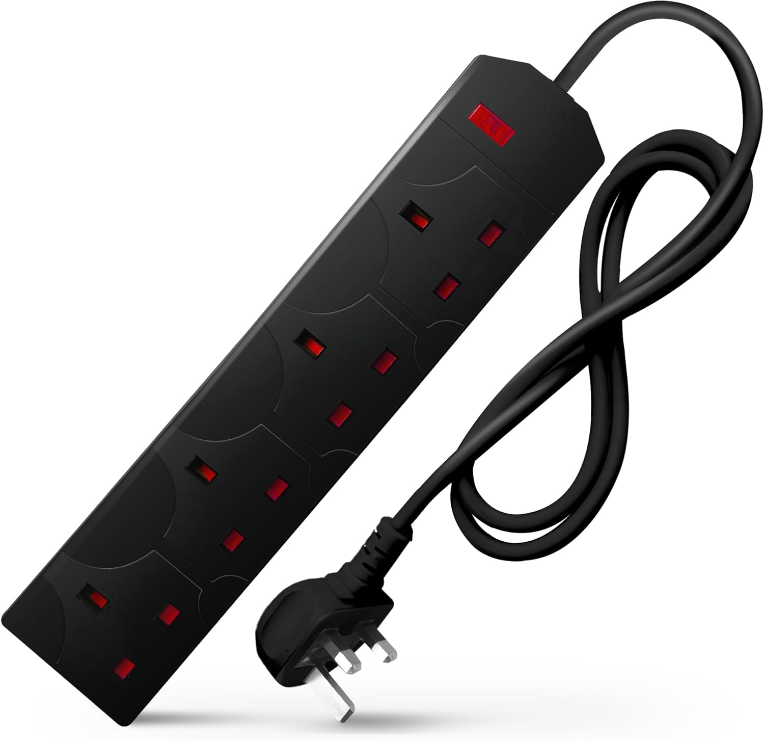 Black Electric Extension Lead - 4 Gang, 1 Metre Cable with UK Plug & 3 Pin Socke