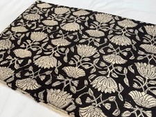 Black Beige Floral Hand Block Print Cotton Fabric