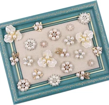 Pearl Embellishments - 21Pcs Rhinestone Buttons, Brooch, Pendants for Craft, Wed