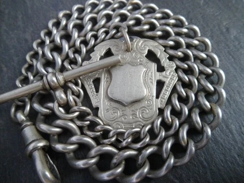 Heavy 36g Chunky Graduated Silver Tone Albert Pocket Watch Chain + Fob Medal