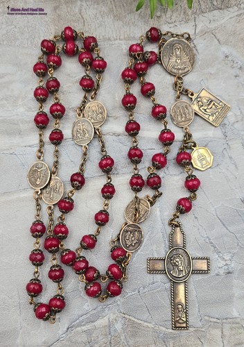 Seven Sorrows Seven Dolores Pieta Red Jade Vintage Bronze Chaplet - Picture 4 of 6