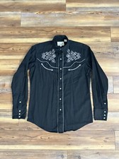 Vintage Roper Western Embroidered Bull Pearl Snap Shirt Rodeo Rayon Black Size M
