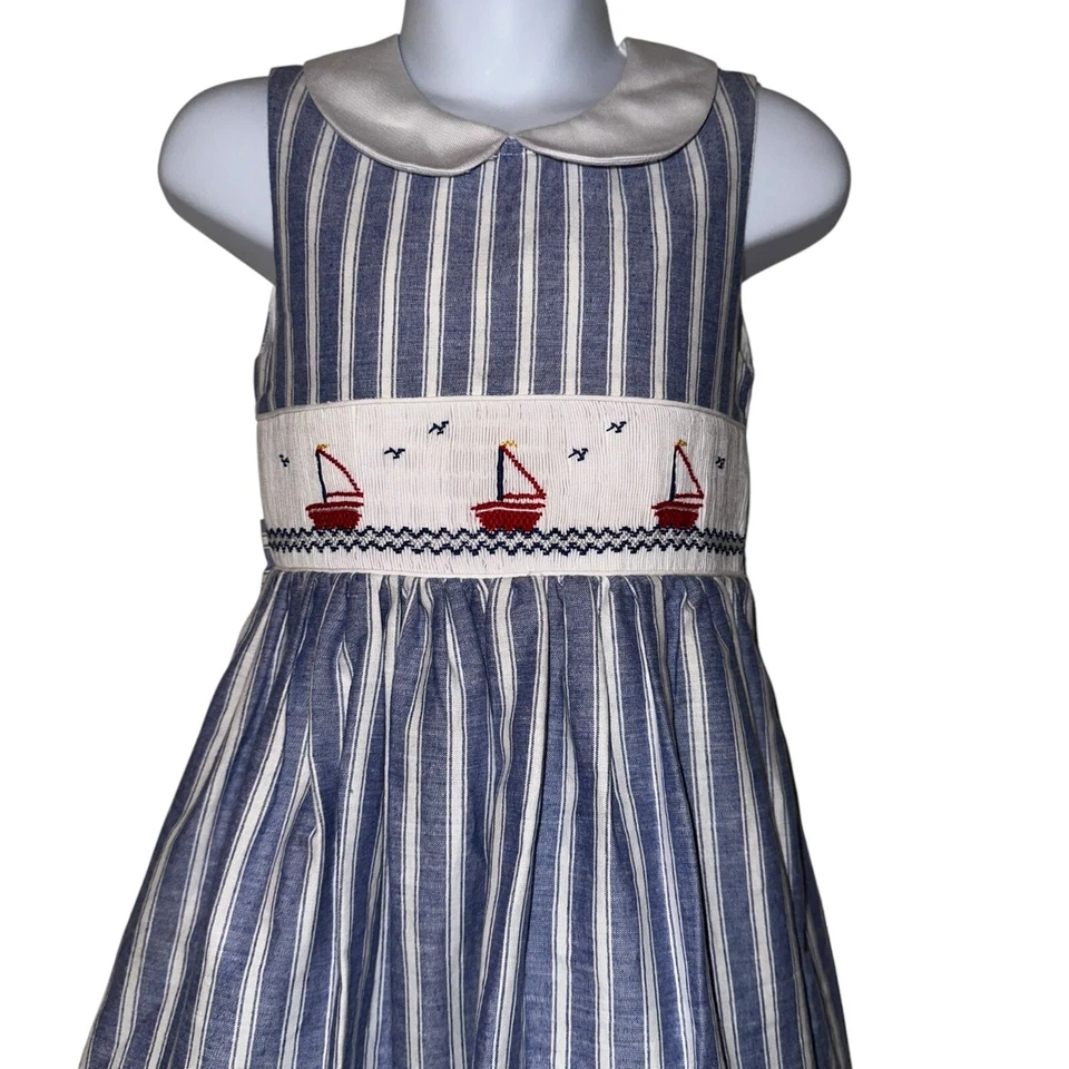 Vintage Vive La Fete Sailor Dress Toddler Girls 4T Smocked Sailboat Sleeveless - Image 2 of 4