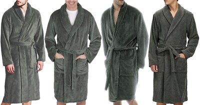 Herren Luxus weicher grauer Fleece Morgenmantel Taschen Schalkragen Bademantel