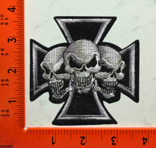 Triple Skull Skeleton Cross Embroidered Iron-On Patch   Biker Vest