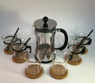 Bodum French Coffee Press Set - 8 Cup Press & Cups Coasters Spoons Creamer Sugar