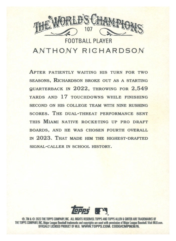 2023 Topps Allen and Ginter X  #107 Anthony Richardson  Indianapolis Colts - Image 2 of 2