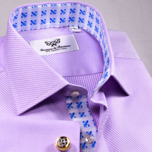 Lilac Twill Formal Business Shirt With Blue Fleur-de-lis Inner Lining BossDress - Afbeelding 1 van 7