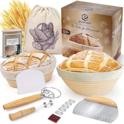 9Banneton Bread Proofing Basket Set  2 Round & Oval RattanSourdough Starter Kit