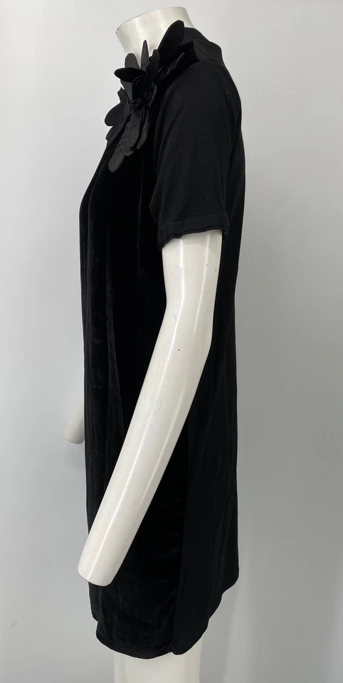 LANVIN Negro Terciopelo Frontal Camiseta Vestido Seda Flor Apliques Cinta Ribete Talla M Foto 2 de 4