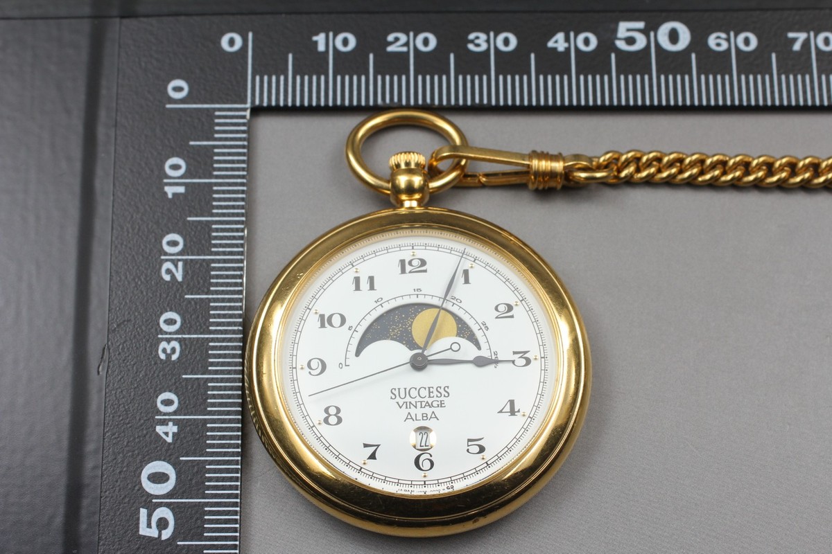 Vtg 1988 Seiko Pocket Watch Alba Success V338-0010 Moon Phase