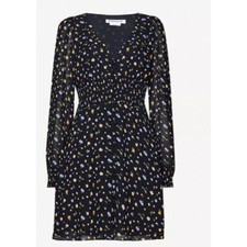 Reformation 0 Alani Mini Dress Black Ditsy Floral Smocked V Neck Long Sleeves