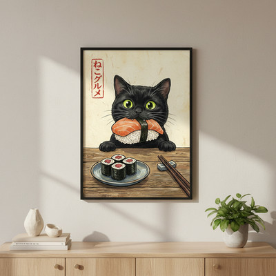 Japanese Black Cat Eating Sushi Art Print - Cute Cat Lover Gift Decor