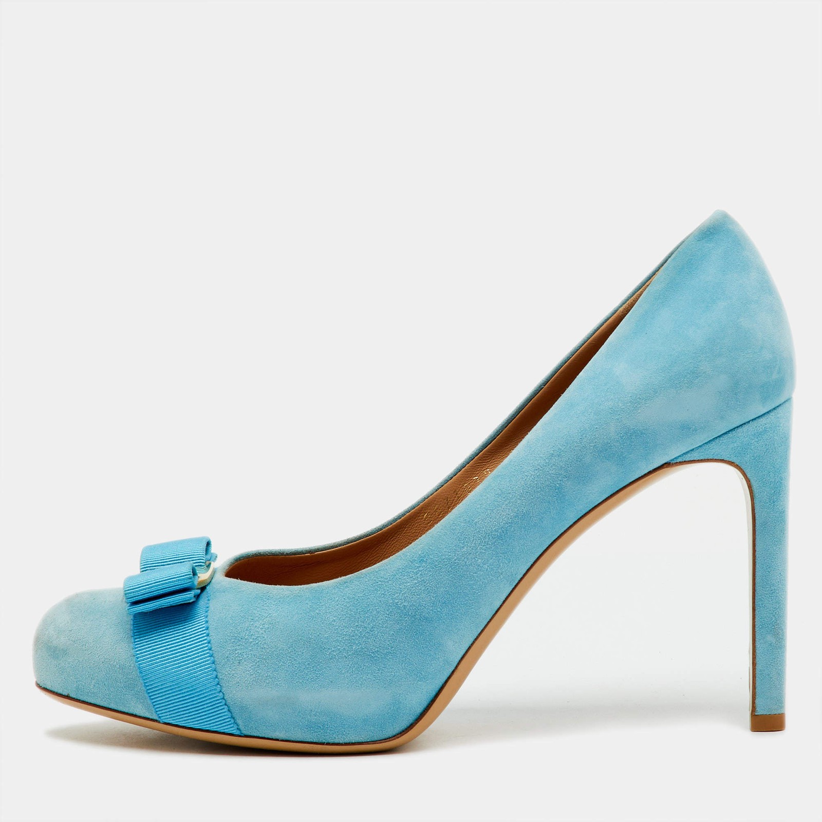Salvatore Ferragamo Light Blue Suede Vara Bow Platform Pumps Size 40