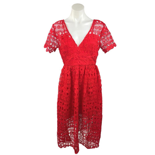 o.p.t Women's Red V-Neck Short Sleeve Back Zipper Lace Fit & Flare Midi Dress S