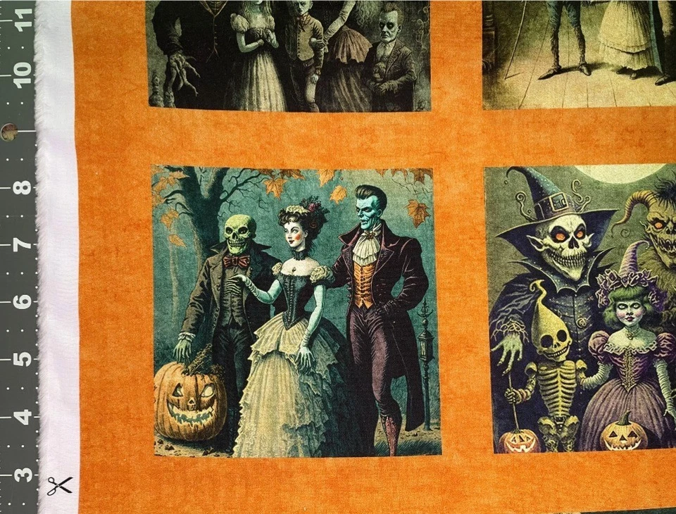 QT Tela Algodón CREEPSVILLE Espeluznante Halloween Familia Paneles Gatos Calabazas Horror Foto 3 de 4