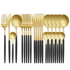 Black & Gold Flatware Set 24 pcs for 6 Stainless Steel Silverware Kitchen Cut