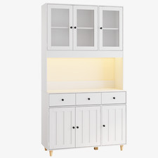 Tall Kitchen Larder Cupboard Freestanding Cabinet LED Light & Power Sockets