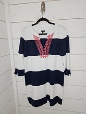 Talbots XL navy blue & white rugby stripe with pink embroidery mini preppy dress