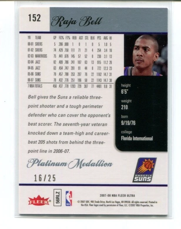 2007-08 Fleer Ultra Raja Bell Platinum Medallion #152 16/25 - Image 2 of 2