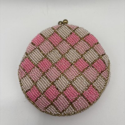 Vintage rosa Perlen kariert Geldbörse Hand Perlen rund 50/60er Coquette A 