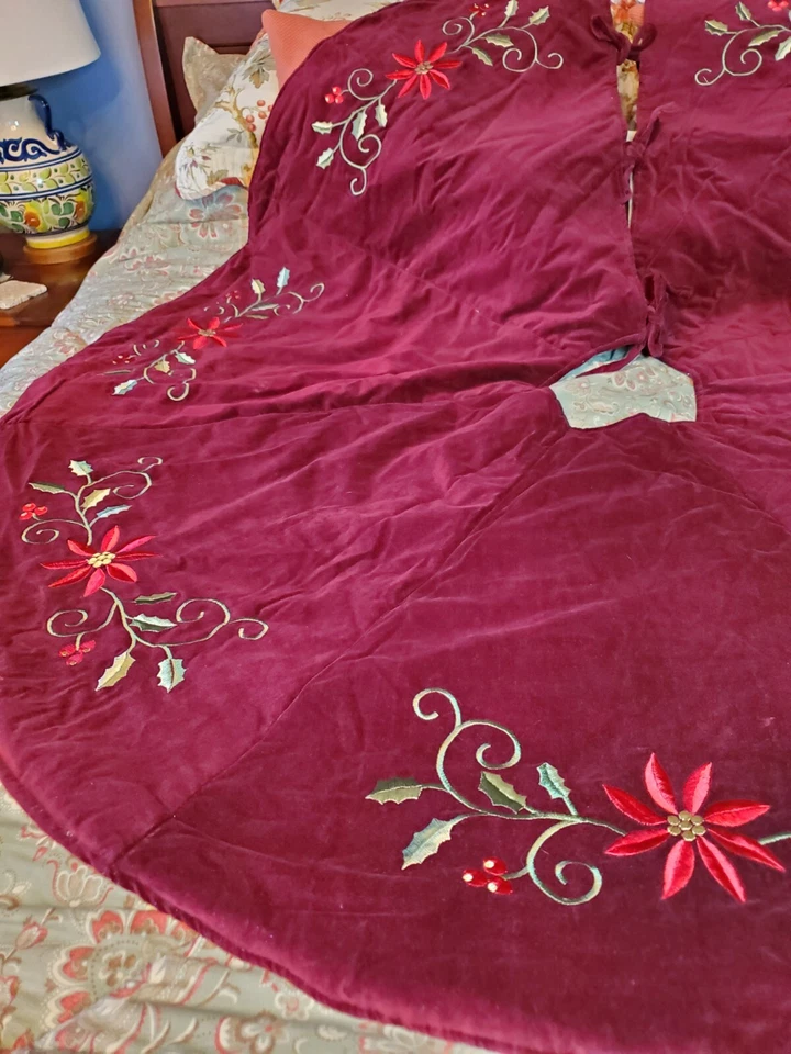White Pine Burgundy Velvet Embroidered Holly/Poinsettia Christmas Tree Skirt EUC - Image 2 of 4