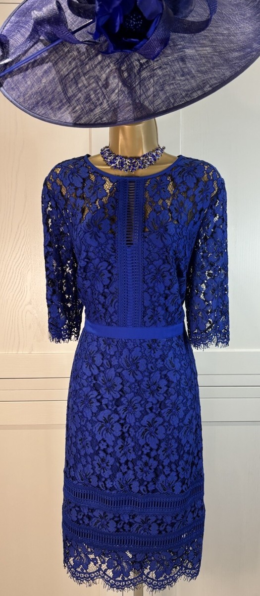 Hobbs UK 14 Cobalt Blue Floral Lace Overlay 1/2 Sleeve Fitted