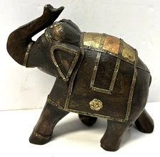 Vintage Hand Carved Wooden Elephant Made in India Copper Brass Accents