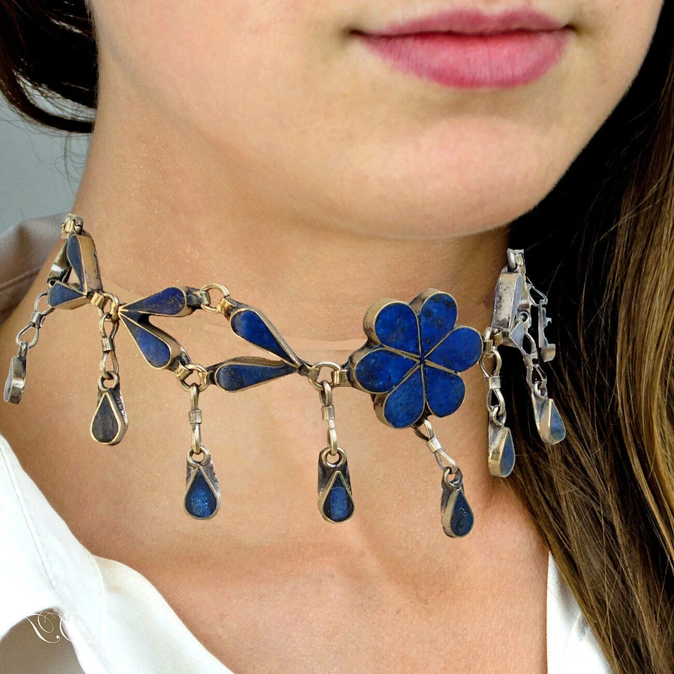 Orient nomad Nickel Silver Afghan tribal Jewellery Lapis Kette Necklace choker K - Bild 1 von 4