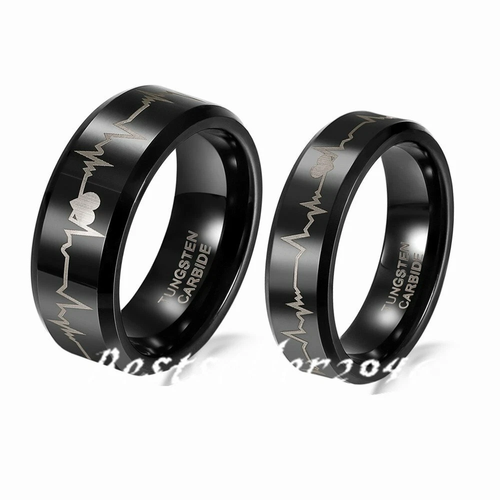 Men Women Tungsten Carbide Laser EKG Heartbeat Comfort Fit Ring