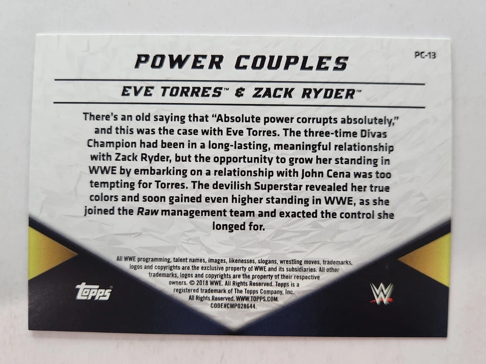 2018 Topps WWE Women's Division Power Couples #PC-13 EVE TORRES & ZACK RYDER - Image 2 of 2