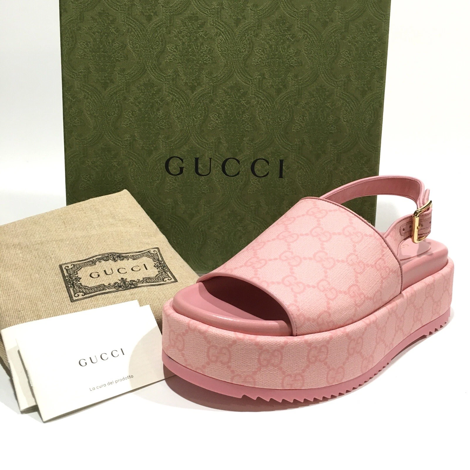 SANDALE GCCI GG SUPREME PLATFORM SLINGBACK   COTON ROSE BONBONS   FEMMES US 8   NEUF DANS SA BOÎTE