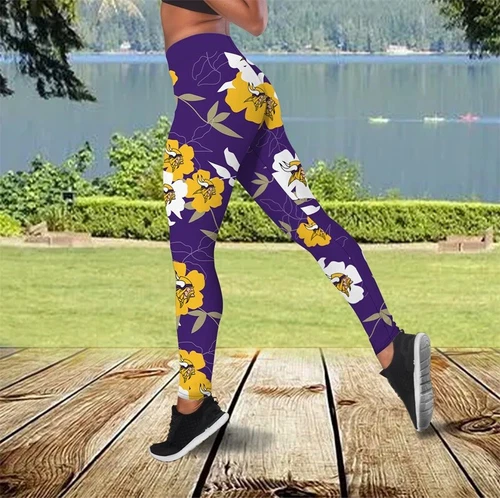 Minnesota Football Leggings Yoga Pants, Vikings Flower Football Leggings, Vikings Game Day Football Leggings