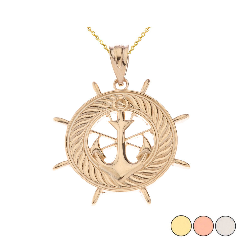 Ship's Wheel with Anchor Pendant Necklace in Gold (Yellow/Rose/White)