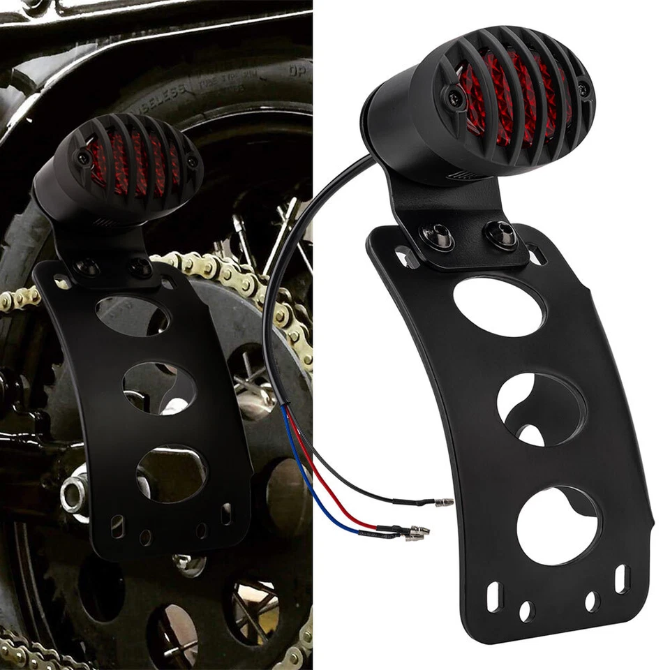 Soporte de matrícula de montaje lateral para motocicleta con luz trasera LED para Harley Bobber Foto 2 de 4