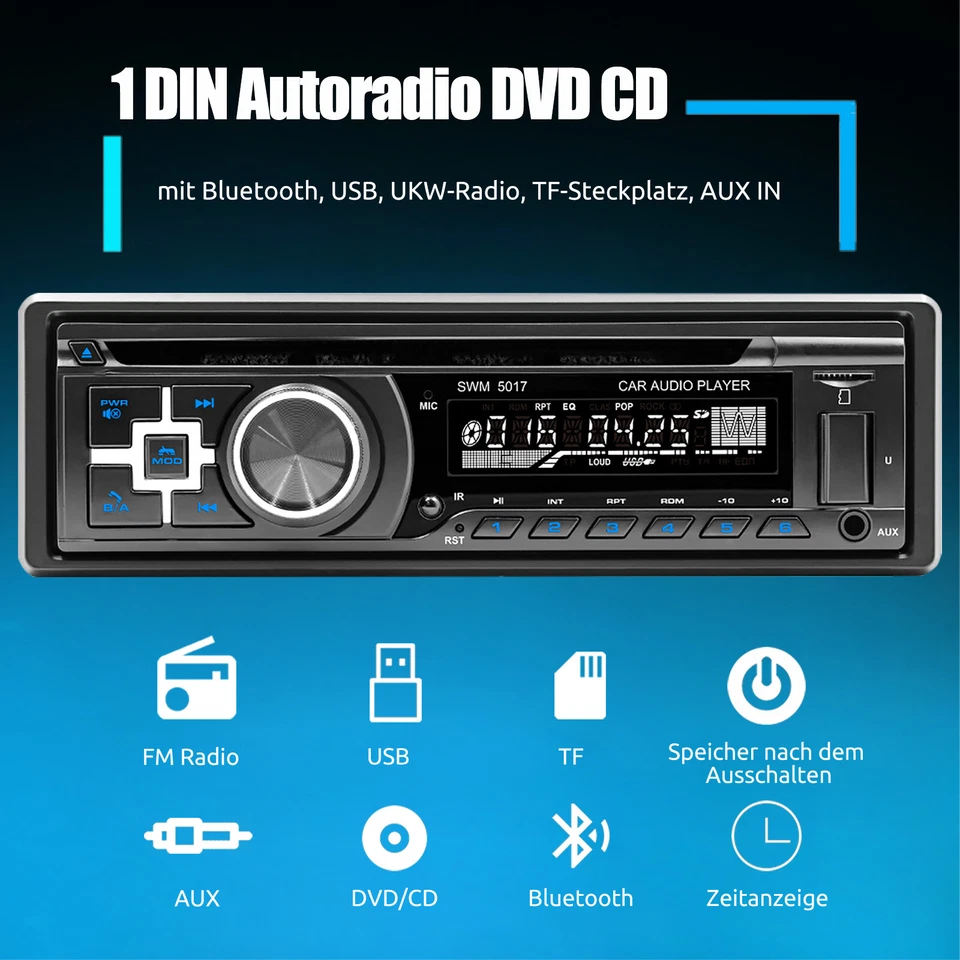 Autoradio mit Bluetooth BT Freisprech 7 Farben 1DIN MP3 Player DVD USB CD Aux FM - Bild 2 von 4