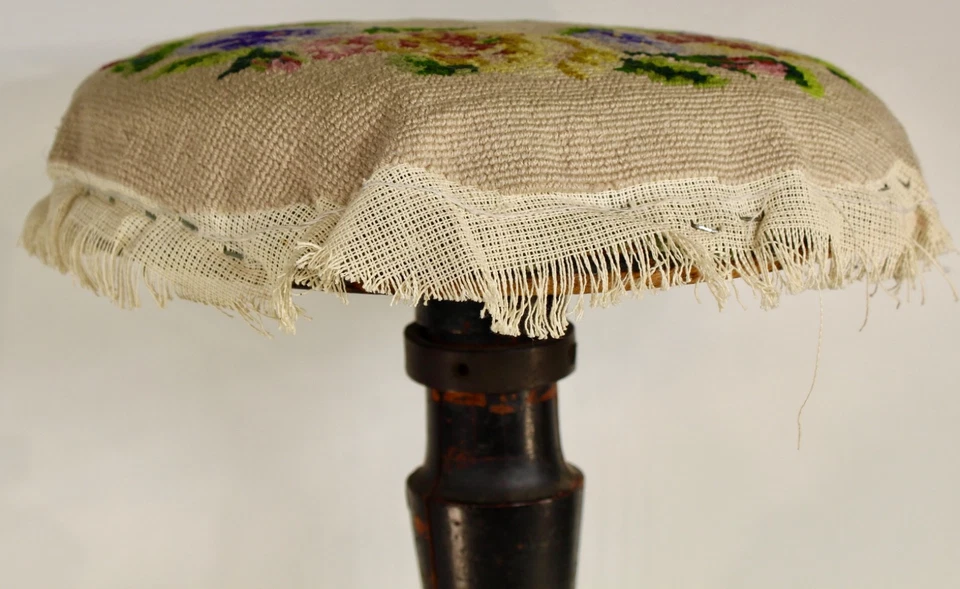 Antique Piano Bench Stool Seat Fabric Top Iron Legs Wood Base Primitive Stool - Image 3 of 4