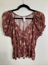 West Of Melrose Y2K Babydoll Mesh Sheer Floral Top Sz L Forest Fairy Whimsy