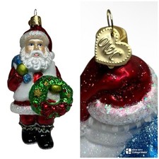SANTA with Wreath Old World Christmas OWC Blown Glass 5.5" Ornament