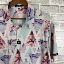 Bad Birdie CALI Mens XL Performance Golf Polo Shirt Palm Tree Geometric Print