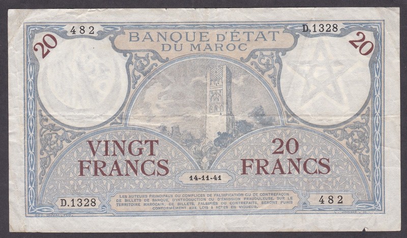 [VF, 1/2" Torn at Left Bottom] 1941 Morocco 20 Francs D.1328-482 [0214]