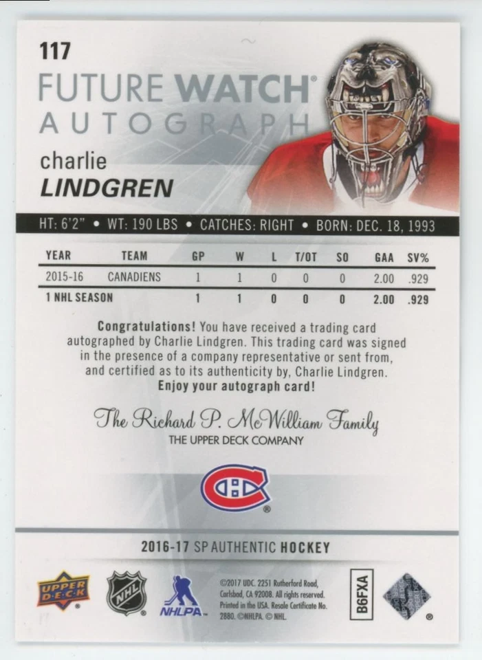 2016-17 SP AUTHENTIC Charlie Lindgren FUTURE WATCH AUTO RC ROOKIE /999 - Image 2 of 2