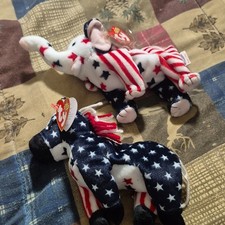 TY Beanie Baby Lefty 2000 Donkey Democrat 4th July Birthday MWMT Red White Blue