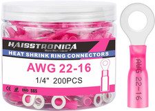 200PCS Heat Shrink Ring Terminals, 22-16 AWG, 1/4 In, Red