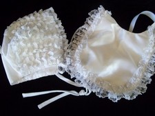 Vintage White Satin Baby Bonnet 11 rows White Lace Rim and Christening Bib
