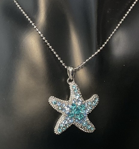 Cookie Lee Gorgeous Blue Crystal Starfish Pendant Necklace Vintage - Picture 2 of 9