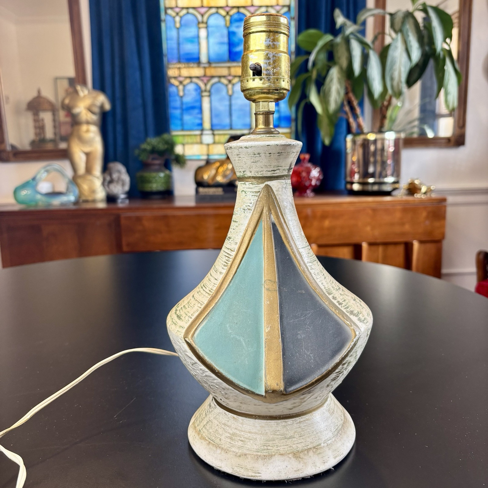 Vintage MCM 60s Ceramic Genie Small Blue Table Lamp Space-Age Atomic Retro