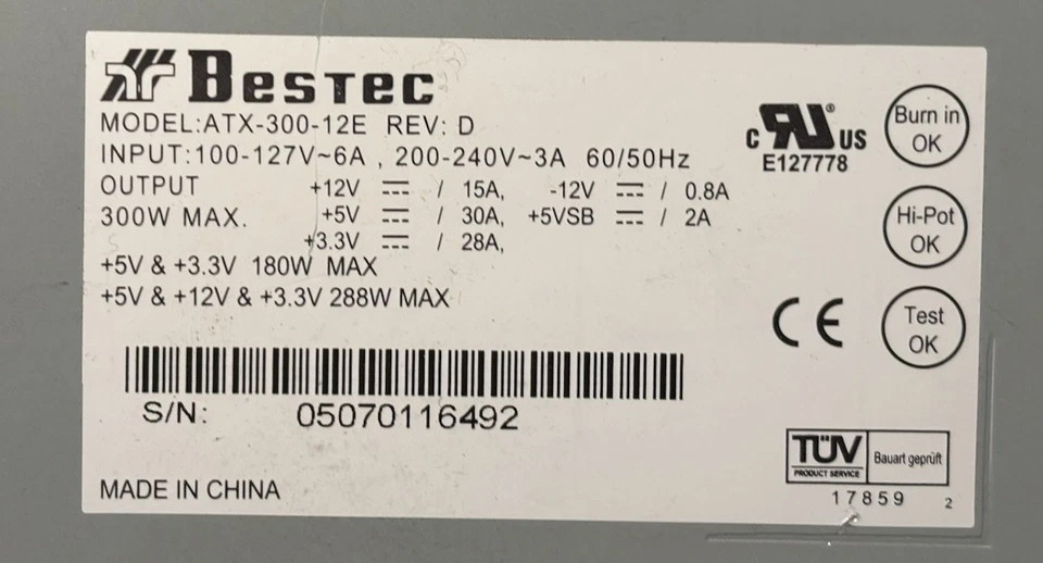 Bestec ATX-300-12E Desktop Power Supply 300W 20-Pin D1R - Image 3 of 3